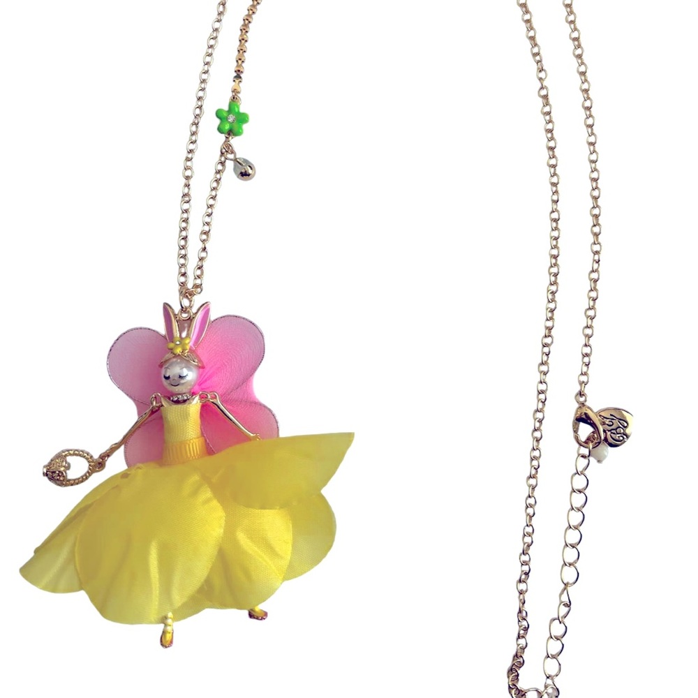 Betsey Johnson White Yellow Gold Easter Fairy Bunny Dangly Legs Long Necklace